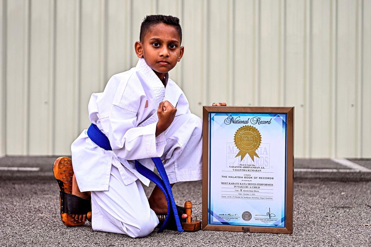 The extraordinary feat of an eight-year-old boy, V. Vasanth Abhinandan, performing Karate Kata movements while wearing “spiked shoes” for 10 minutes made history when his name was recognised in the Malaysia Book of Records (MBR). – BERNAMA