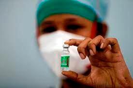 A nurse displaying a vial of the AstraZeneca Covid-19 vaccine manufactured by Serum Institute of India, at a medical centre in Mumbai. India is grappling with a surge in Covid-19 infections. – REUTERSPIX