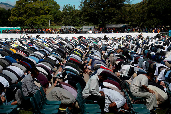 The Friday prayers led by Gamal Fouda, imam (lead cleric) of tragedy-stricken Al Noor mosque, during a gathering for prayers and to observe a two minutes of silence for victims of the twin mosques massacres at Hagley Park in Christchurch on March 22, 2019. — AFP