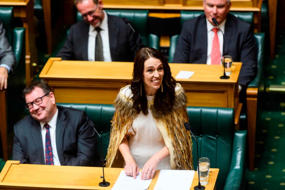 Outgoing New Zealand prime minister Jacinda Ardern gives her valedictory speech in parliament in Wellington on April 5, 2023. AFPPIX