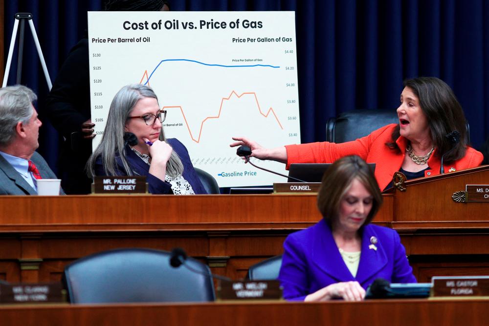 DeGette references the cost of oil chart during a hearing with oil executives on Capitol Hill in Washington DC yesterday. – Reuterspix
