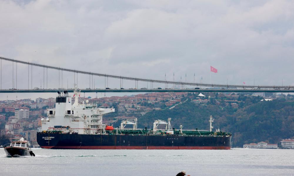 Oil product tanker Lila Fujairah sails in the Bosphorus, on its way to the Mediterranean Sea on Tuesday. – Reuterspic