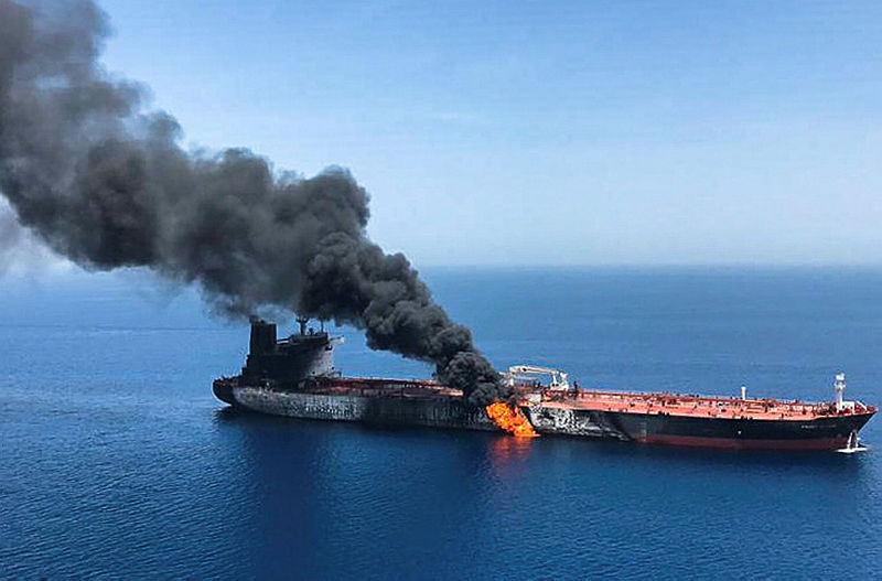 A picture obtained by AFP from Iranian News Agency ISNA on June 13, 2019 reportedly shows fire and smoke billowing from Norwegian owned Front Altair tanker said to have been attacked in the waters of the Gulf of Oman. — AFP