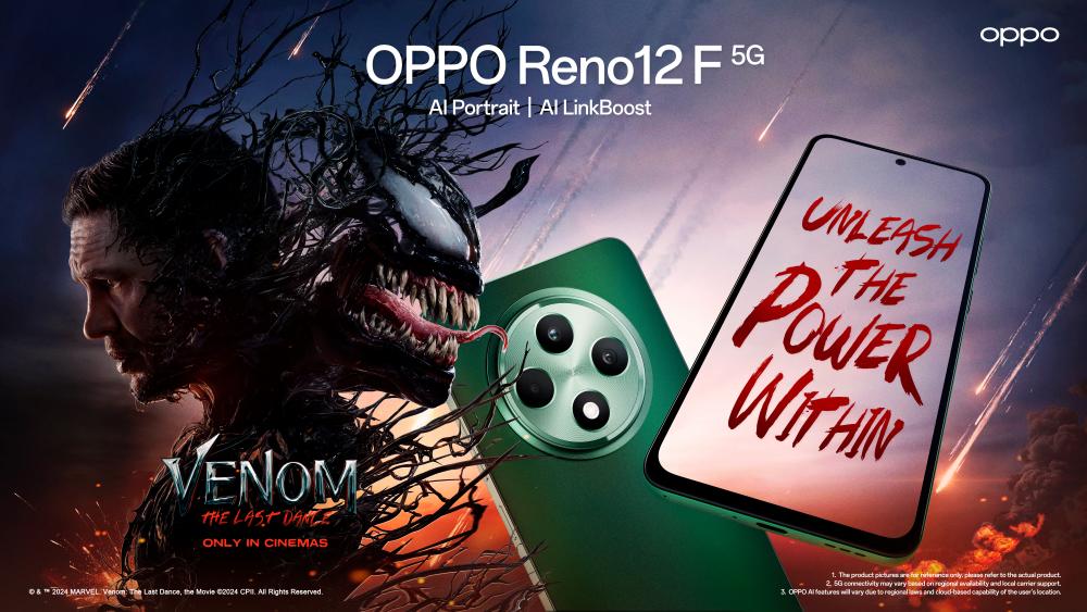 $!The Reno12 F embodies Venom’s essence with a durable IP64-rated frame.