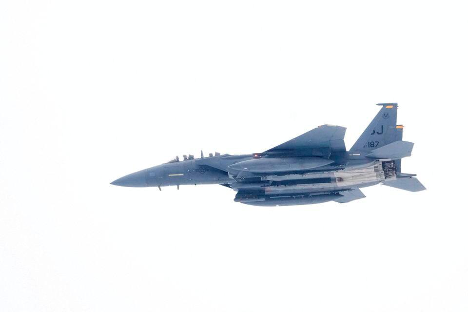 US Air Force F-15 fighter flies over the Amari military airfield, Estonia February 1, 2022. REUTERSPIX