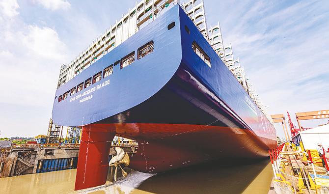 The world's first LNG-powered 23,000-TEU container ship is seen docked during its launch at a shipyard in Shanghai on Sept 25, 2019. – AFPPIX