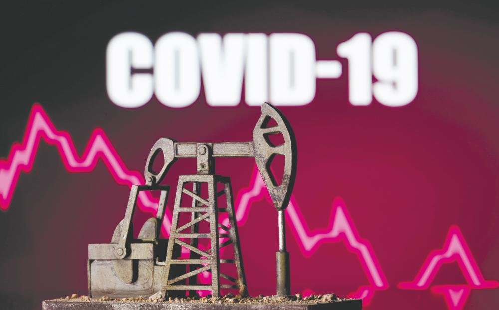 A 3D printed oil pump jack is seen in front of displayed stock graph and ‘Covid-19’ in this illustration picture. Fitch Solutions says it will be important to monitor trends in US shale in particular, due to the sector’s ability to be switched on quickly. – REUTERSPIX