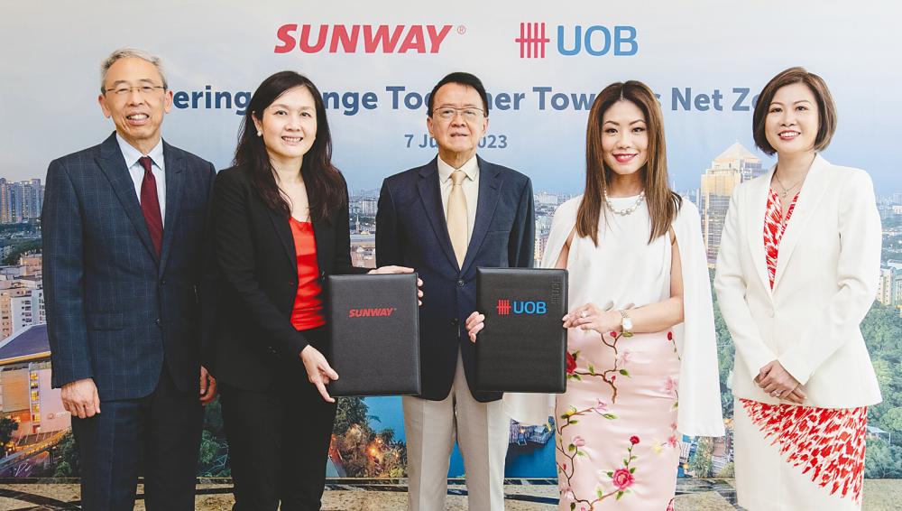 Sunway Group founder and chairman Tan Sri Dr Jeffrey Cheah (centre) looks on as Sarena Cheah (second from left) and Ng display the documents. Flanking them are Chong (left) and Tang.