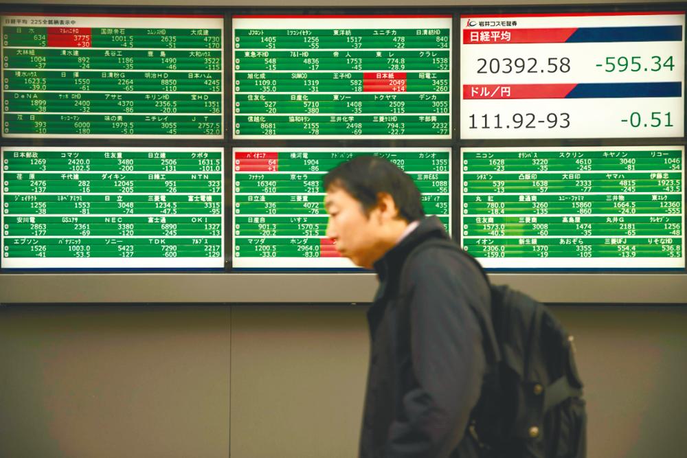 A pedestrian walks past an electronic board showing share prices and the Nikkei index of the Tokyo Stock Exchange in Tokyo today. – AFPPIX
