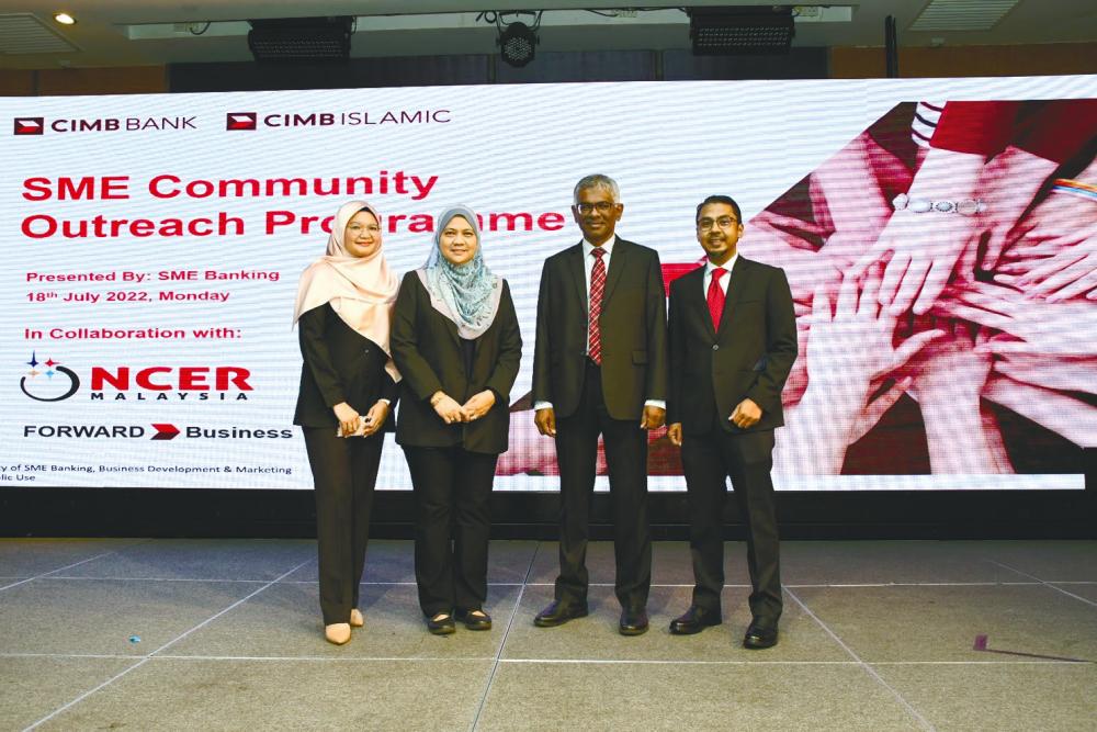 From left: NCIA Human Capital Department Entrepreneur NCER &amp; SME Development Unit assistant manager Wan Mastura Mohd Zain, NCIA director of human capital/secretariat, CEO’s Office Datin Shahdee Ahmad, CIMB head of SME banking Jaya Balan Kathiravalu, and CIMB director of Islamic banking Mohd Rizal Khir at a recent SME Community Outreach programme.