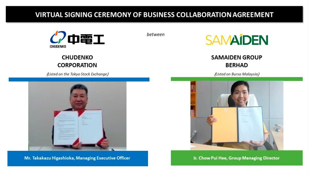 Chow (right) and Higashioka signing the business collaboration agreement at the virtual ceremony.