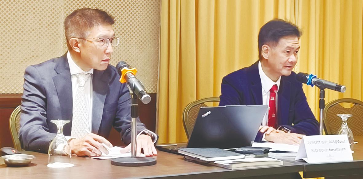 Low (right) with chief financial officer Benjamin Leong at Land &amp; General’s post-AGM press conference.