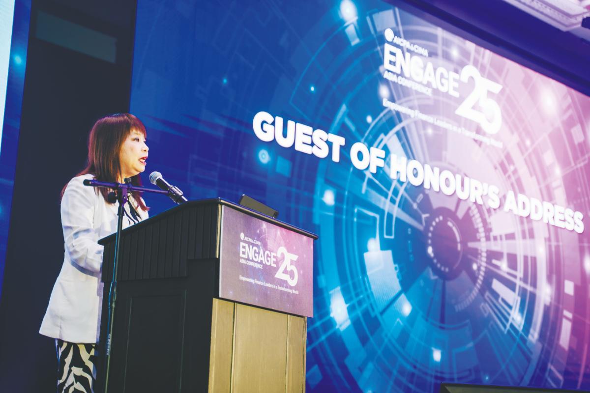 Lim delivering her speeach at the inaugural Engage Asia Conference 2025.