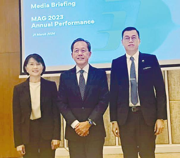 From left: MAG group CFO Boo Hui Yee, Izham and group chief strategy and transformation Bryan Foong at the results briefing.