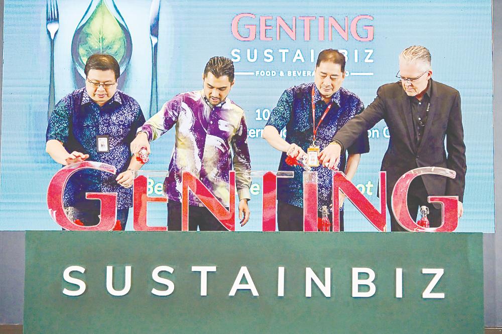 From left: Lee, Khairul Firdaus, RWG president and COO Lee Thiam Kit and executive vice-president of leisure, hospitality and lifestyle Peter Foster participating in a sand-pouring ceremony to inaugurate Genting Sustainbiz F&amp;B Expo 2024.