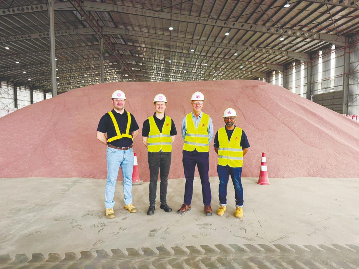 From left: GMA Garnet Group Apac supply chain manager Arno Taljaard, Cowan, Jebsen &amp; Jessen Group chairman Heinrich Jessen and Shashi at the company’s Port Klang distribution facility.