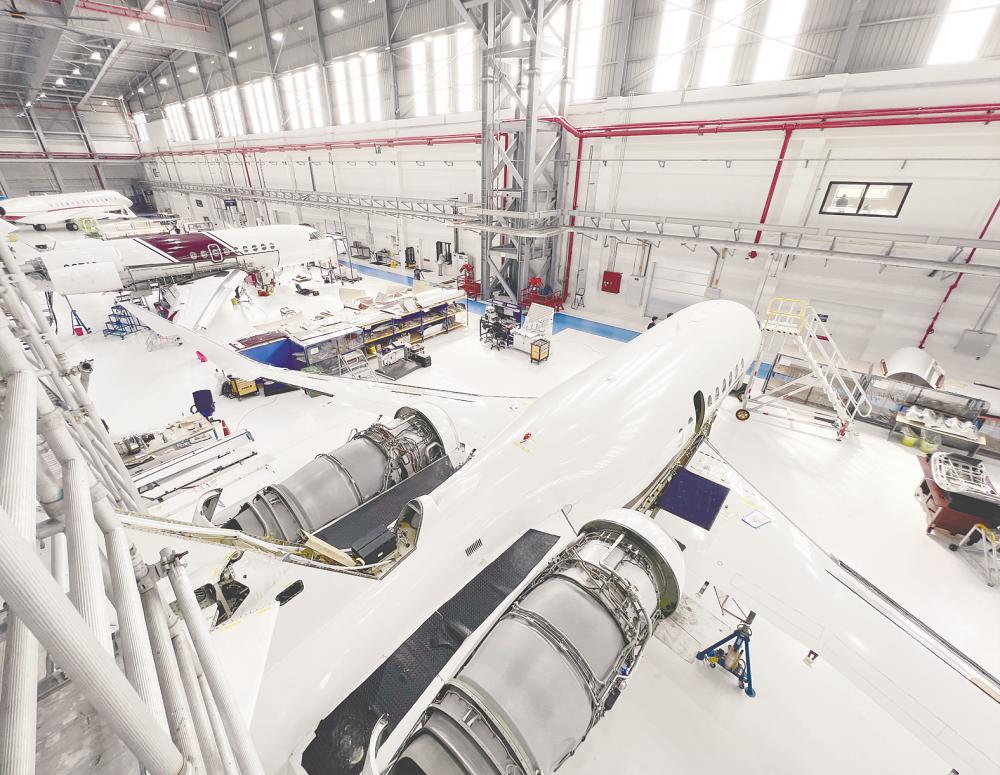 A Falcon 2000 undergoing heavy maintenance at ExecuJet MRO Services Malaysia.