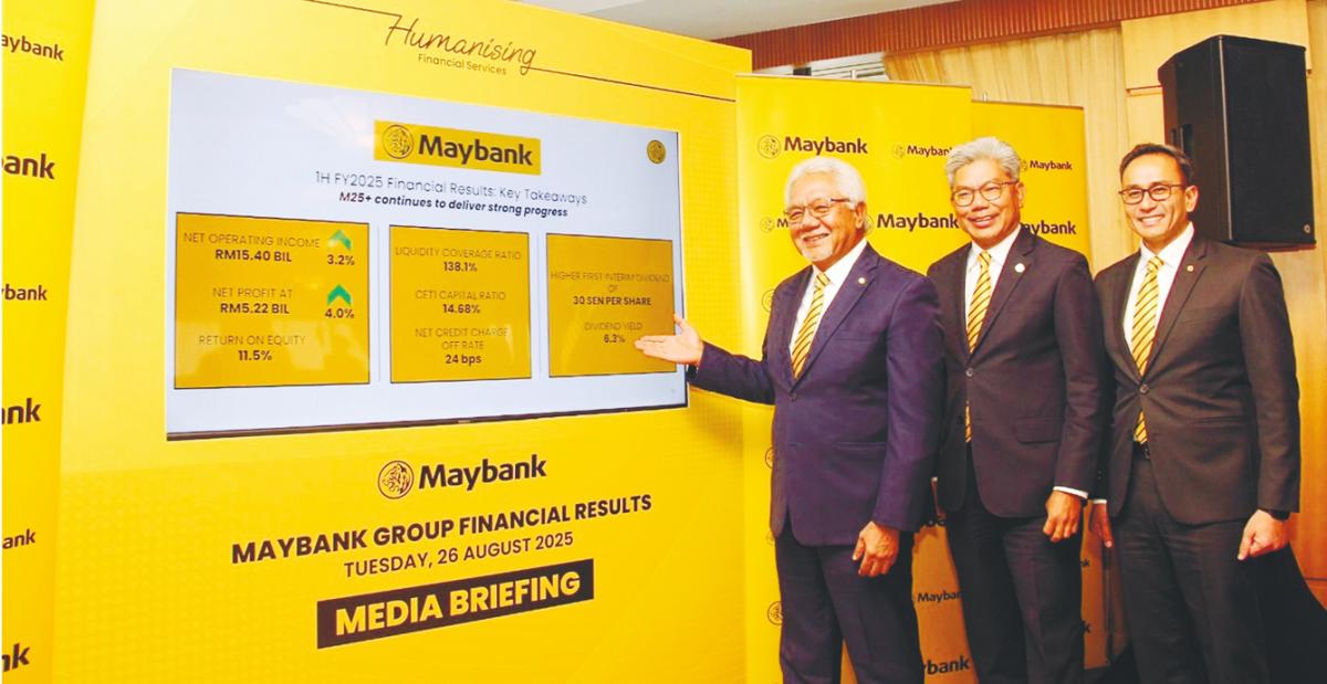 From left: Maybank chairman Tan Sri Zamzamzairani Mohd Isa, president and group CEO Datuk Seri Khairussaleh Ramli and group chief financial officer Shafiq Abdul Jabbar at a media briefing on the group’s financial results yesterday.