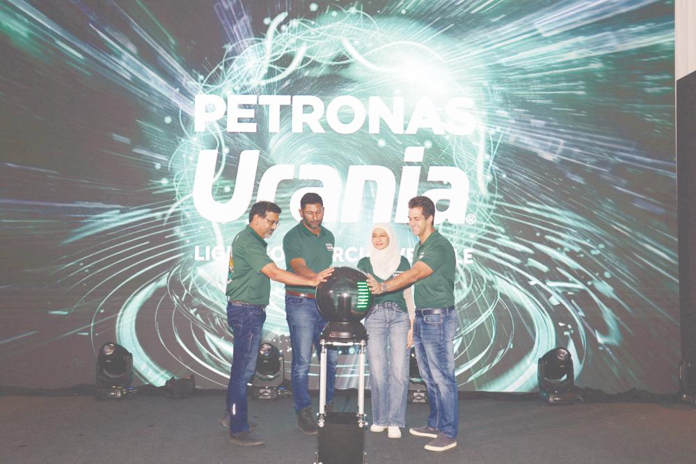 From left: Zameer, Petronas Lubricants International Marketing (Asia) head Bruno Reis Bechtlufft and group strategic communication senior manager Mufidah Mahmud and regional operations (Apac) senior manager Nantha Kumar Munusamy at the launch of Petronas Urania.