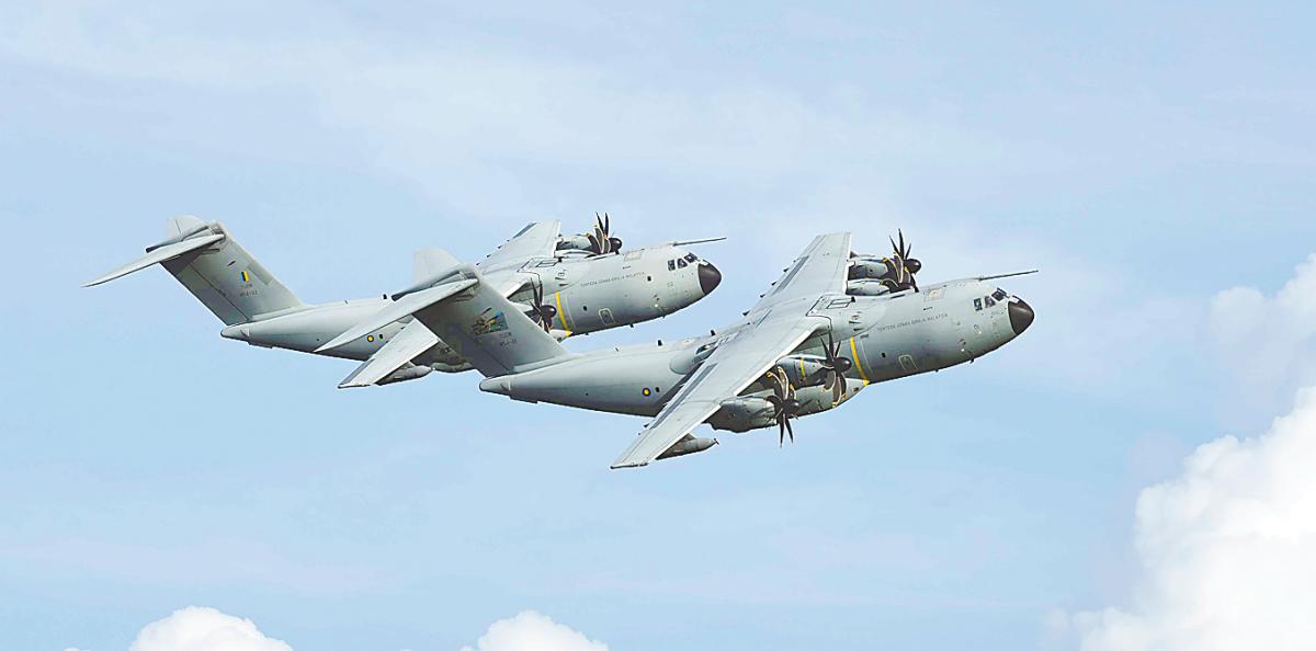 Royal Malaysian Air Force A400M participating in the aerial display at Lima 2025.