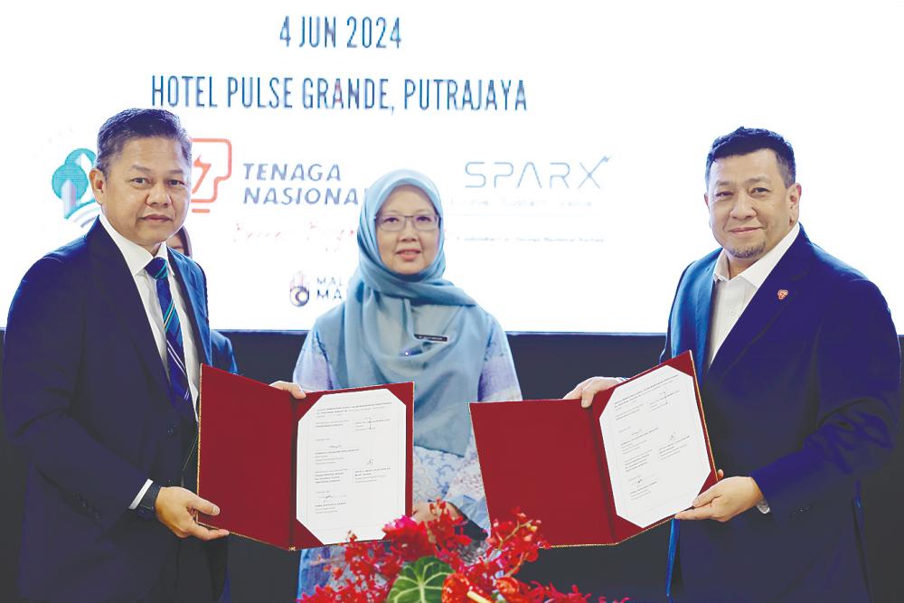 Dr Zaliha (centre) witnessing the exchange of documents between Fadlun (left) and TNB CEO Datuk Megat Jalaluddin Megat Hassan . – Bernamapic