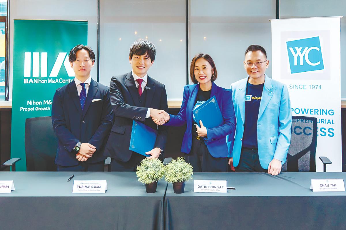 From left: Nihon M&amp;A Center managing director Yuki Fukushima, Ojima; Shin and YYC group executive chairman Yap Zhi Chau.