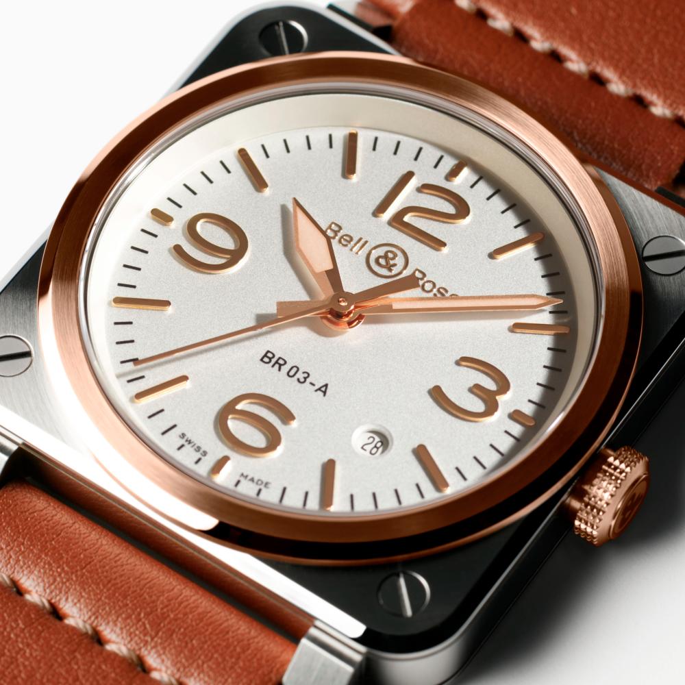 $!A brown leather strap adds a touch of luxury to Bell &amp; Ross BR 03 White Steel &amp; Gold.