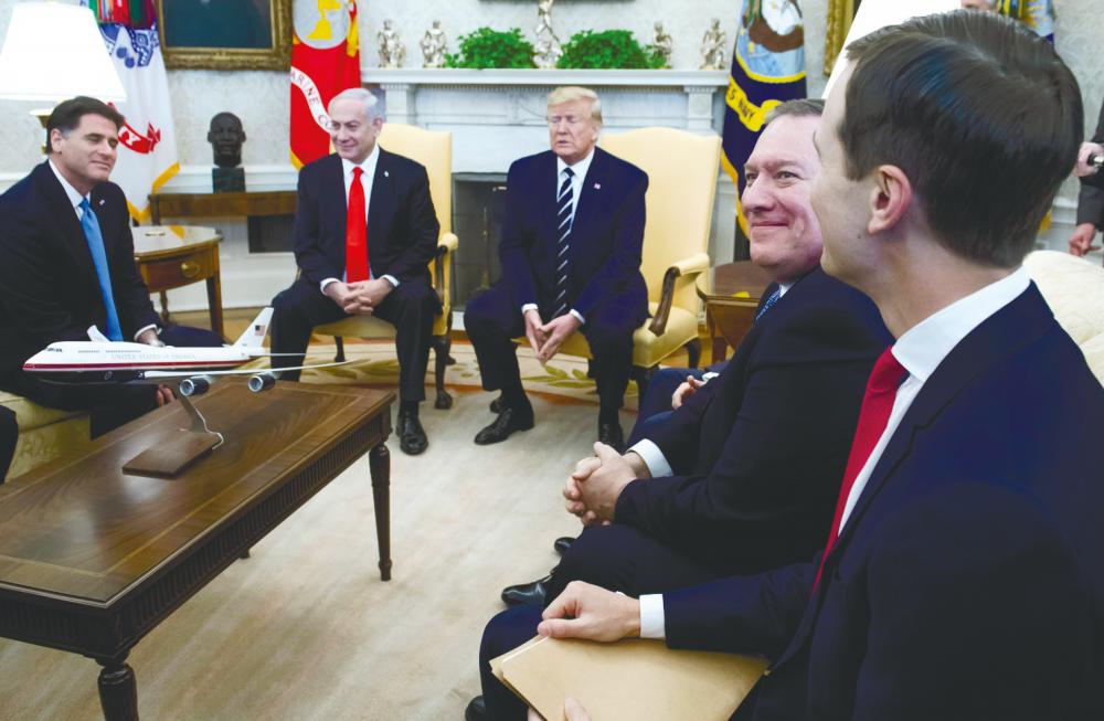 US President Donald Trump meets Israeli Prime Minister Benjamin Netanyahu alongside US Vice-President Mike Pence (left), US Secretary of State Mike Pompeo (2nd right) and White House adviser Jared Kushner (right) in the Oval Office on Jan 27. The United States has requested a closed door UN Security Council meeting on Thursday for Trump’s son-in-law and adviser, Kushner, to present the administration’s new Middle East peace plan, diplomatic sources told AFP.