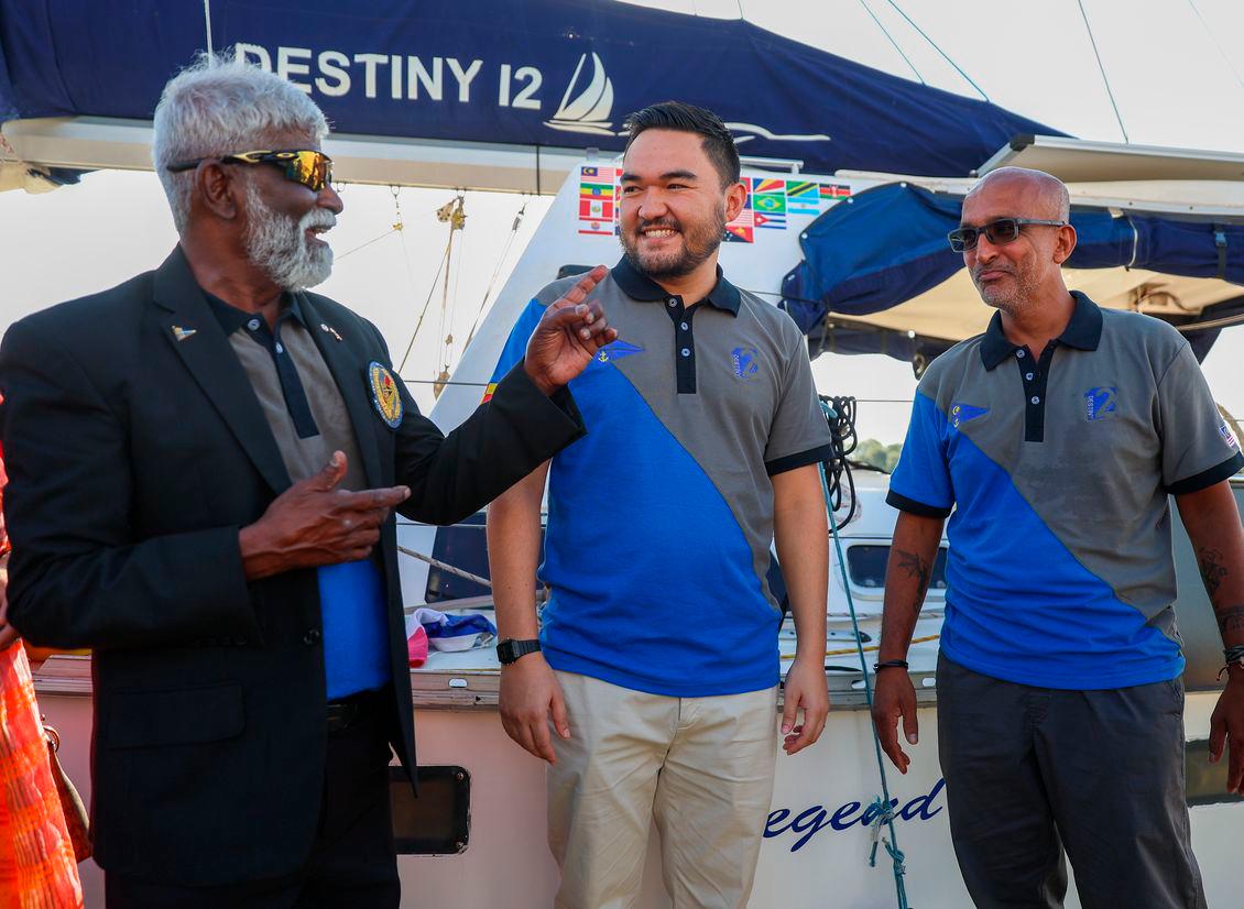 (From left) Royal Selangor Yacht Club Commodore Ramasamy Menon, Tengku Amir Shah and Fernandez at the yacht club during the homecoming ceremony for Destiny 12. – AMIRUL SYAFIQ /THESUN
