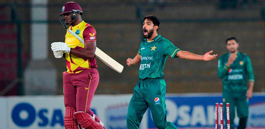 Pakistan’s Haris Rauf (centre) celebrates after the dismissal of West Indies’ Oshane Thomas (left) during the second Twenty20 international cricket match at the National Stadium in Karachi. – AFPPIX