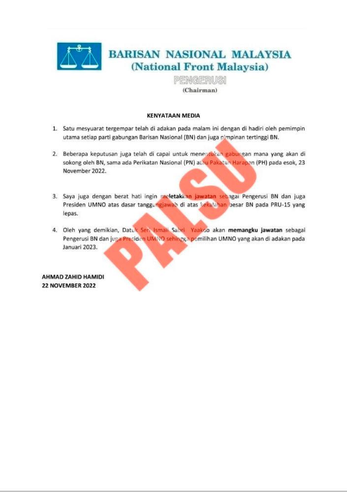 Zahid rubbishes statement of him resigning as BN chief (Updated)