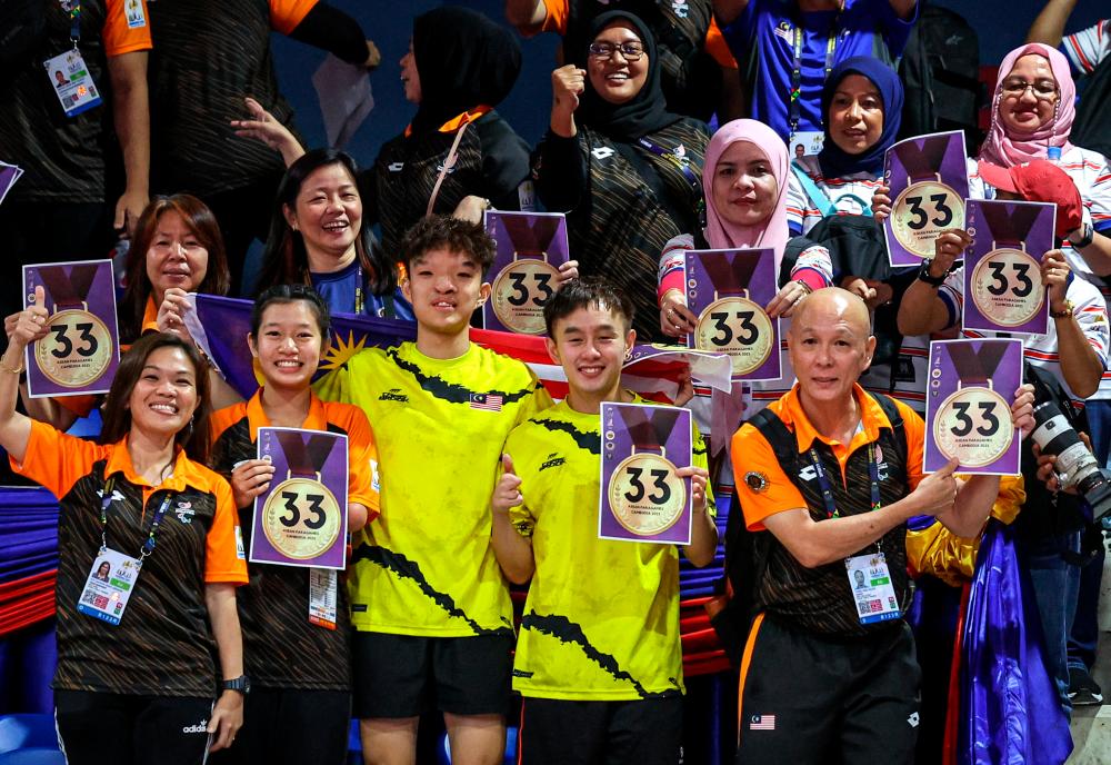 PHNOM PENH, June 6 -- The reaction of the Malaysian fans holding up the ‘33 Gold’ poster as the Chee Chaoming-Brady Chin pair won the Gold medal in the Class 9 Men’s doubles event at the Table Tennis Hall, Morodok Techo Stadium, last night. BERNAMAPIX