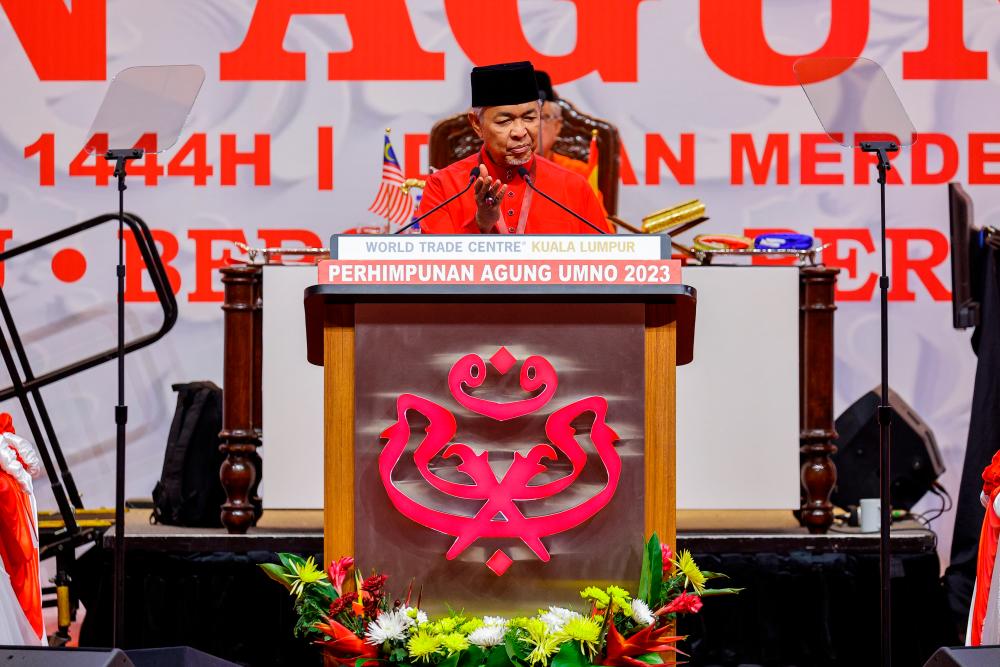 KUALA LUMPUR, June 9 -- Umno president Datuk Seri Dr Ahmad Zahid Hamidi delivers president’s policy speech at the 2023 Umno general assembly at the World Trade Centre (WTC) Kuala Lumpur, today. BERNAMAPIX