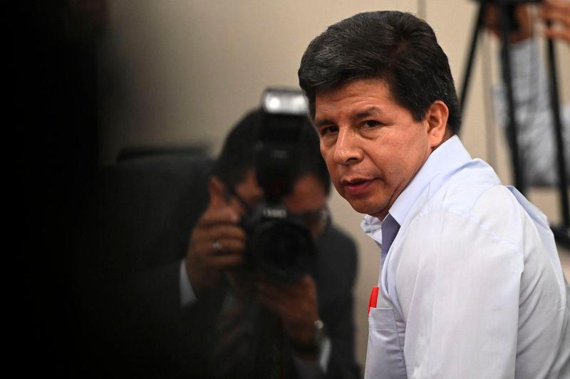 Peru’s former president (2021-2022) Pedro Castillo gestures on arrival for the opening hearing of the oral trial against him and three former ministers of his government, at the courtroom of the National Police Special Operations Directorate (DINOES) in Lima on March 4, 2025.. AFP pix