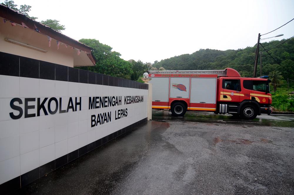 A fire truck belonging to the state Fire and Rescue Department outside the school in Bayan Lepas on May 6, 2019. - Bernama