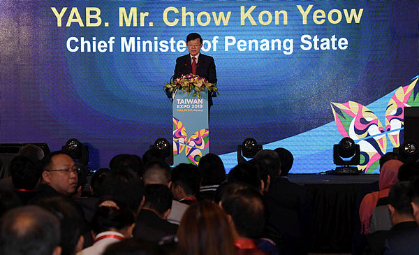 Penang Chief Minister Chow Kon Yeow speaks at the opening ceremony of Taiwan Expo 2019 at the Setia Spice Convention Centre, George Town today. — Bernama