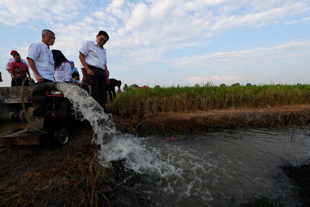 Agriculture and Agro-based Industry Deputy Minister Sim Tze Tzin observes the water pump that provides water source at the Bumbung Lima paddy field after several weeks of water problems following the recent drought on Jan 16. — Bernama