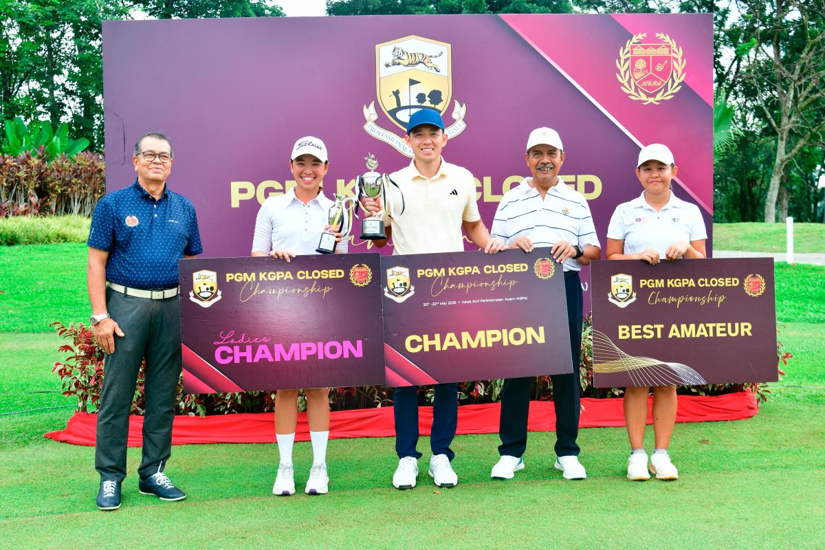 FROM LEFT: YBhg Dato’ Sri Shaharuddin Khalid (General Manager of KGPA), ladies Champion Genevieve Ling, mens Champion Ben Leong, En Nik Mustapha Nik Mohamed (General Manager of PGM) and female best amateur Pang Hee Jie.