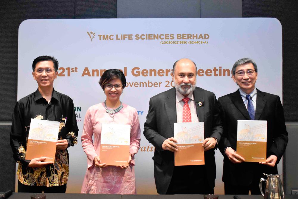 From left: TMC Life Sciences Berhad Interim Group Chief Financial Officer &amp; Group Chief Accounting Officer Jimmy Wong Yu Chee, Wan Nadiah, Independent Non-Executive chairman Datuk Sri Mohd Mokhtar Mohd Shariff, and Executive Director Barry Kan Kheong Ng.