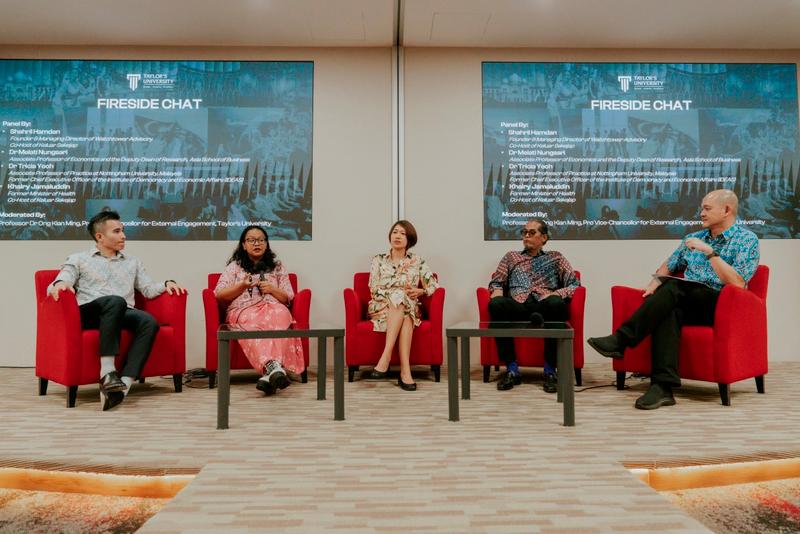 The distinguished panel comprised of (from left) Shahril, Dr Melati, Dr Tricia, Khairy and moderator Dr Ong participating in the fireside chat at Taylor’s campus at the launch of PPE