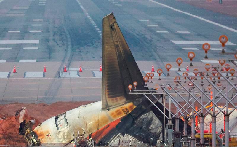 The wreckage of the Jeju Air aircraft that went off the runway and crashed lies near skid marks on the runway at Muan International Airport - REUTERSpix