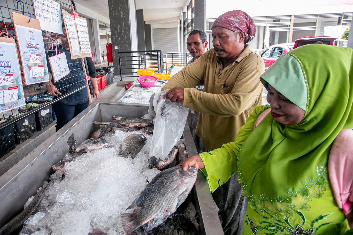 Ali Busu, 53 (dua, kiri) bersama isterinya Abong Angah, 57 (kanan) memilih ikan ketika menghadiri Program Jualan Rahmah MADANI (PJRM) yang diadakan di Pusat Sehenti Aktiviti Orang Asli (OAOSC) di sini. - fotoBERNAMA