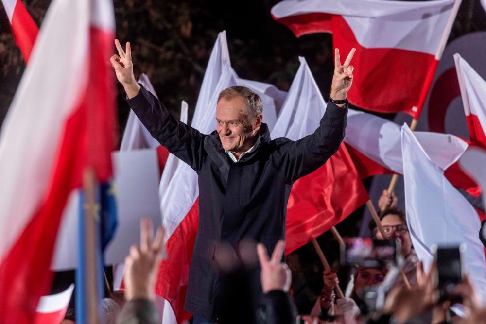 Donald Tusk, leader of the Civic Platform party, candidate in the upcoming Polish elections, speak to the people who came to support him during the debate of main candidates in Warsaw, Poland on October 9, 2023. AFPPIX