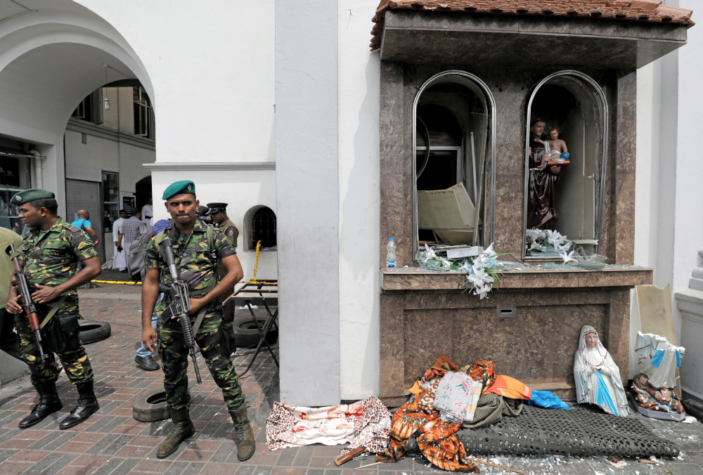 Sri Lankan military officials stand guard in front of the St Anthony’s Shrine, Kochchikade church after an explosion in Colombo, Sri Lanka April 21, 2019. — Reuters