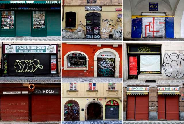 A combination of nine pictures shows closed shops, as the Czech government shut most shops and services to try to curb the spread of the coronavirus disease (Covid-19), in Prague, Czech Republic October 23, 2020. — Reuters