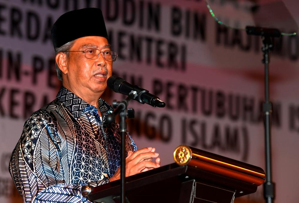 Prime Minister Tan Sri Muhyiddin Yassin delivers a speech during a special meeting with Islamic NGO leaders organised by Yayasan Dakwah Islamiah Malaysia (Yadim) today. — Bernama
