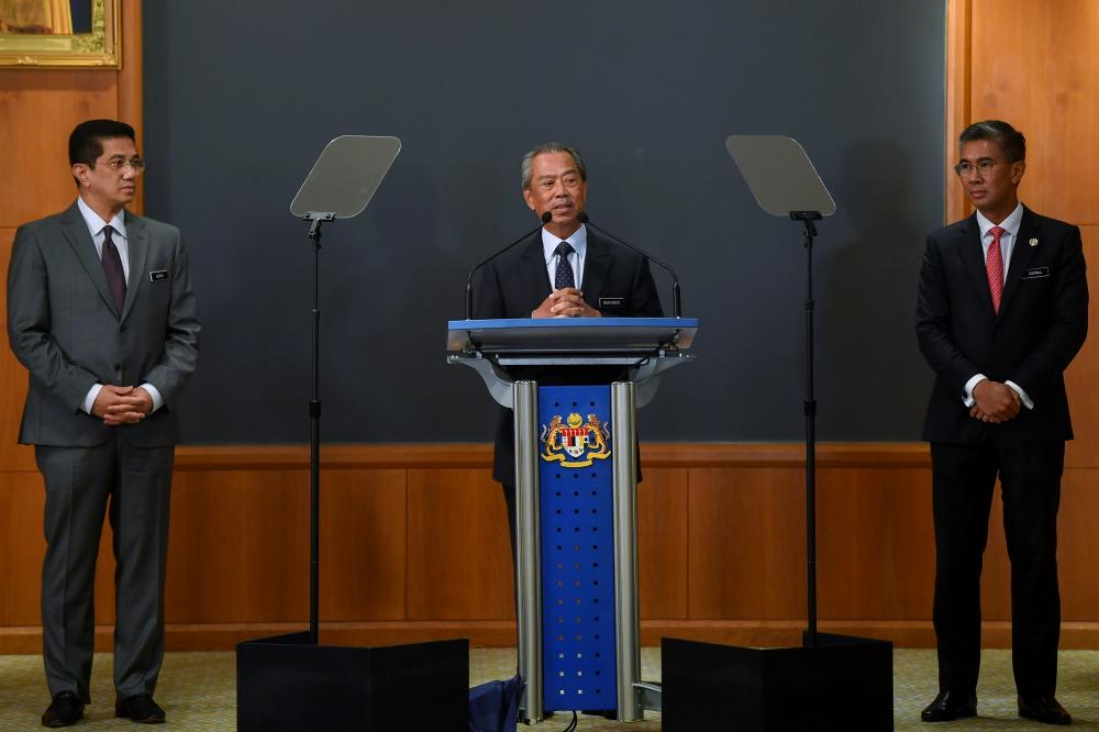 Prime Minister Tan Sri Muhyiddin Yassin speaks during a special press conference after chairing the second weekly meeting of the Economic Action Council at the Perdana Putra today. - Bernama
