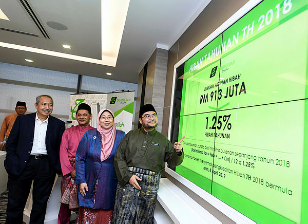 Minister in the Prime Minister’s Department Datuk Seri Dr Mujahid Yusof (R) shows the TH hibah rate of 1.25% in Putrajaya on April 5, 2019. — Bernama