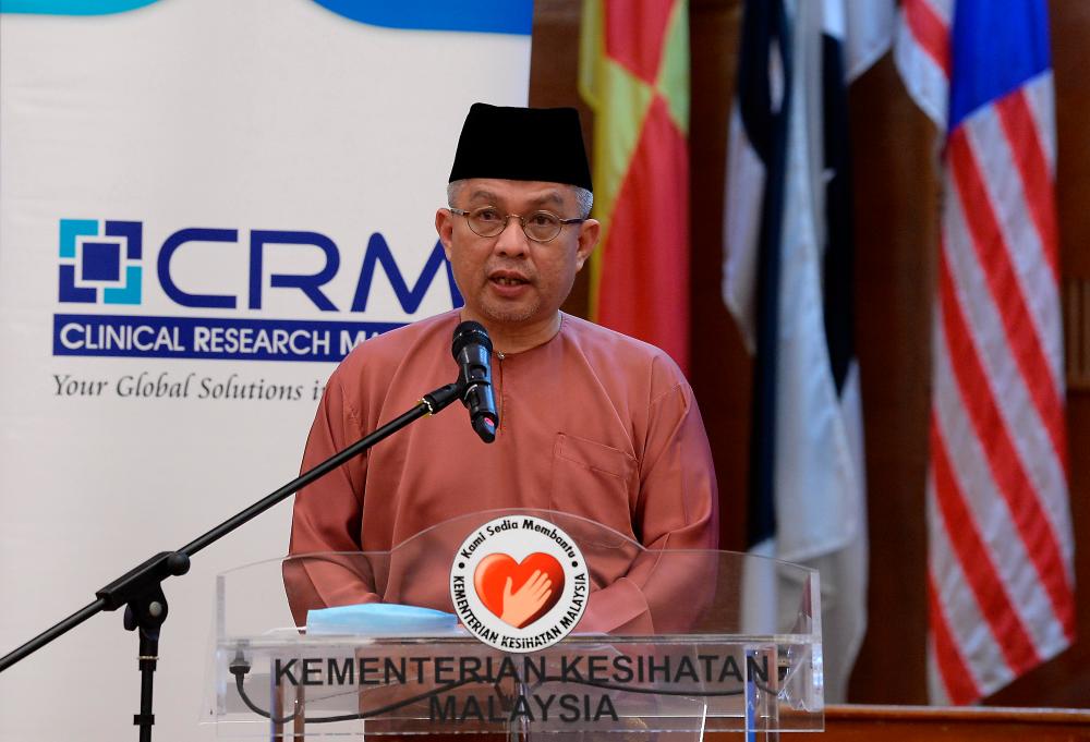 Health Minister Datuk Seri Dr Adham Baba speaks at the Clinical Research Malaysia (CRM) Sponsored Research Award ceremony in conjunction with the World Clinical Trials Day at the Ministry of Health today. - Bernama
