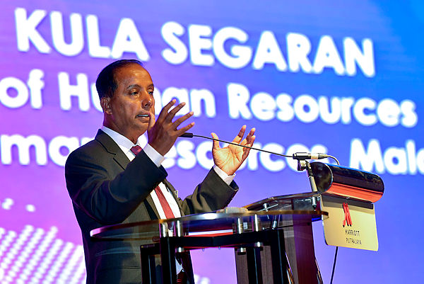Human Resources Minister M. Kula Segaran speaking at the Future of TVET Occupational Standards and the 15th Asian Academic Society for Vocational Education and Training International Conference (AASVET) in Putrjaay today. — Bernama